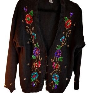 Vintage Exclusive Imports Sequin Floral Cardigan Sweater Black Size Medium